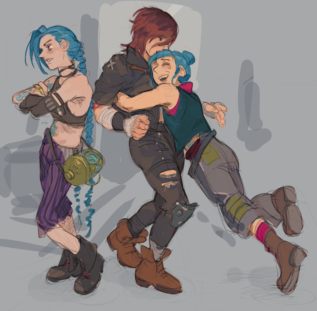 otomegrandma's tweet image. "she's your sister too"
jinx & powder & vi commission for @JasminePie5