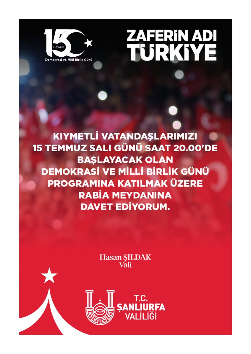 İbrahim COŞKUN (@ibrahimcoskun63) on Twitter photo "Zaferin adı Türkiye"
15 Temmuz Demokrasi ve Milli Birlik Günü Şanlıurfa'mızdaki etkinlikler;
<a href="/_aliyalcin_/">Ali YALÇIN</a> <a href="/hasansildak/">Hasan ŞILDAK</a> <a href="/ebs1sanliurfa/">EBS Şanlıurfa 1</a> <a href="/memursenurfa/">Urfa Memur Sen</a>
<a href="/PlatformUrfa/">Şanlıurfa Sivil Toplum Kuruluşları Platformu</a> "Zaferin adı Türkiye"
15 Temmuz Demokrasi ve Milli Birlik Günü Şanlıurfa'mızdaki etkinlikler;
<a href="/_aliyalcin_/">Ali YALÇIN</a> <a href="/hasansildak/">Hasan ŞILDAK</a> <a href="/ebs1sanliurfa/">EBS Şanlıurfa 1</a> <a href="/memursenurfa/">Urfa Memur Sen</a>
<a href="/PlatformUrfa/">Şanlıurfa Sivil Toplum Kuruluşları Platformu</a>