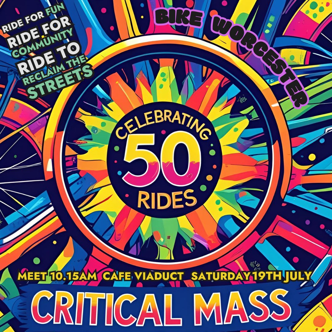 BikeWorcester's tweet image. Next Sat 19 July is the 50th consecutive monthly critical mass ride in Worcester.
Spread the word. Everyone’s welcome on any bike / trike / wheelchair / scooter / skateboard / roller skate / other.
No set route (follow the leader) and we ride at the speed of the slowest rider.