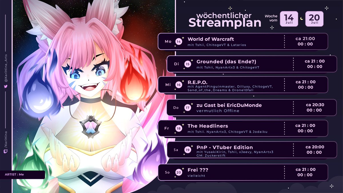 Streamplan für die nächste Woche!

Wir schauen gemeinsam nach Jahren mal wieder in World of Warcraft rein, beenden hoffentlich endlich Grounded, spielen R.E.P.O. knipsen Monster in The Headliners und starten in ein PnP OneShot