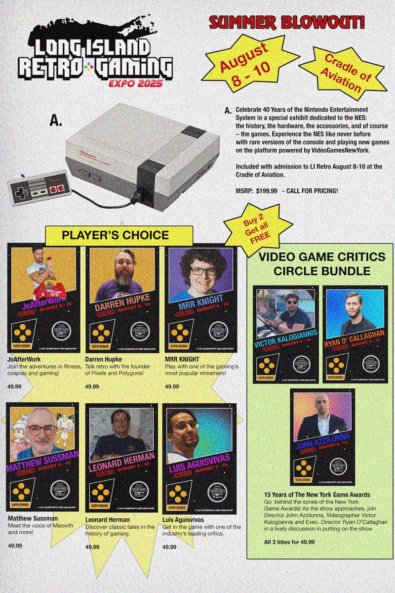 Liretro's tweet image. Don’t miss this week’s circular for some amazing new guest releases to check out this August 8-10 at LI Retro!
Plus come for a special exhibit celebrating 40 Years of the Nintendo Entertainment System featuring rare variations of the NES, historic artifacts and memorabilia and…