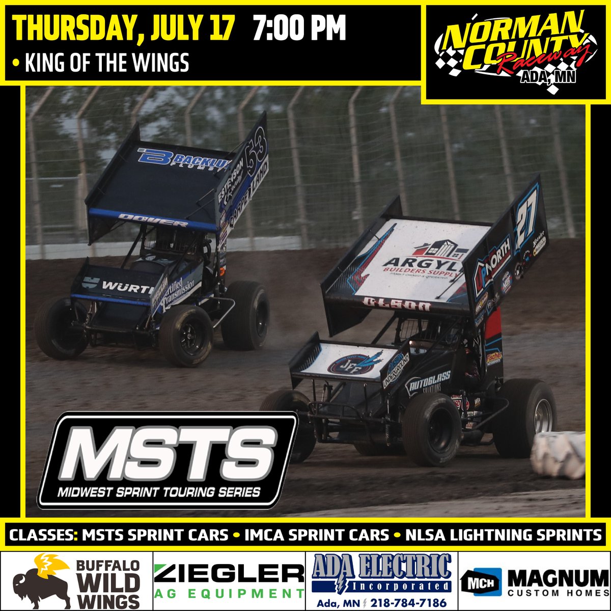 NEXT RACE: Thursday, July 17 (7:00 pm)
• King of the Wings

CLASSES:
• MSTS Sprint Cars
• IMCA Sprint Cars
• NLSA Lightning Sprints
FULL DETAILS: ow.ly/VVLh50WoSPt