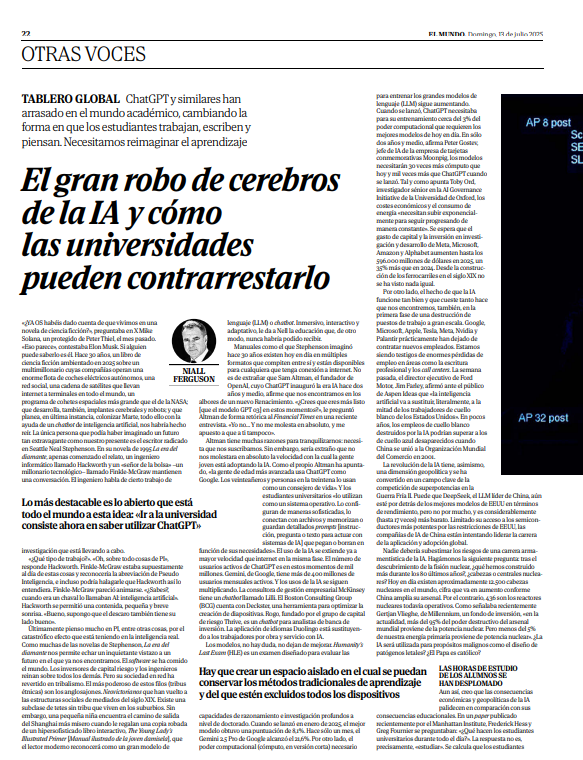 sanz_ismael's tweet photo. Casi el 90% de los alumnos universitarios en encuestados había utilizado ChatGPT para llevar a cabo los trabajos que tenía que hacer en casa, solo unos meses después de su lanzamiento. El objetivo no es impedir que los estudiantes usen IA, sino enseñarles a pensar críticamente junto a ella
