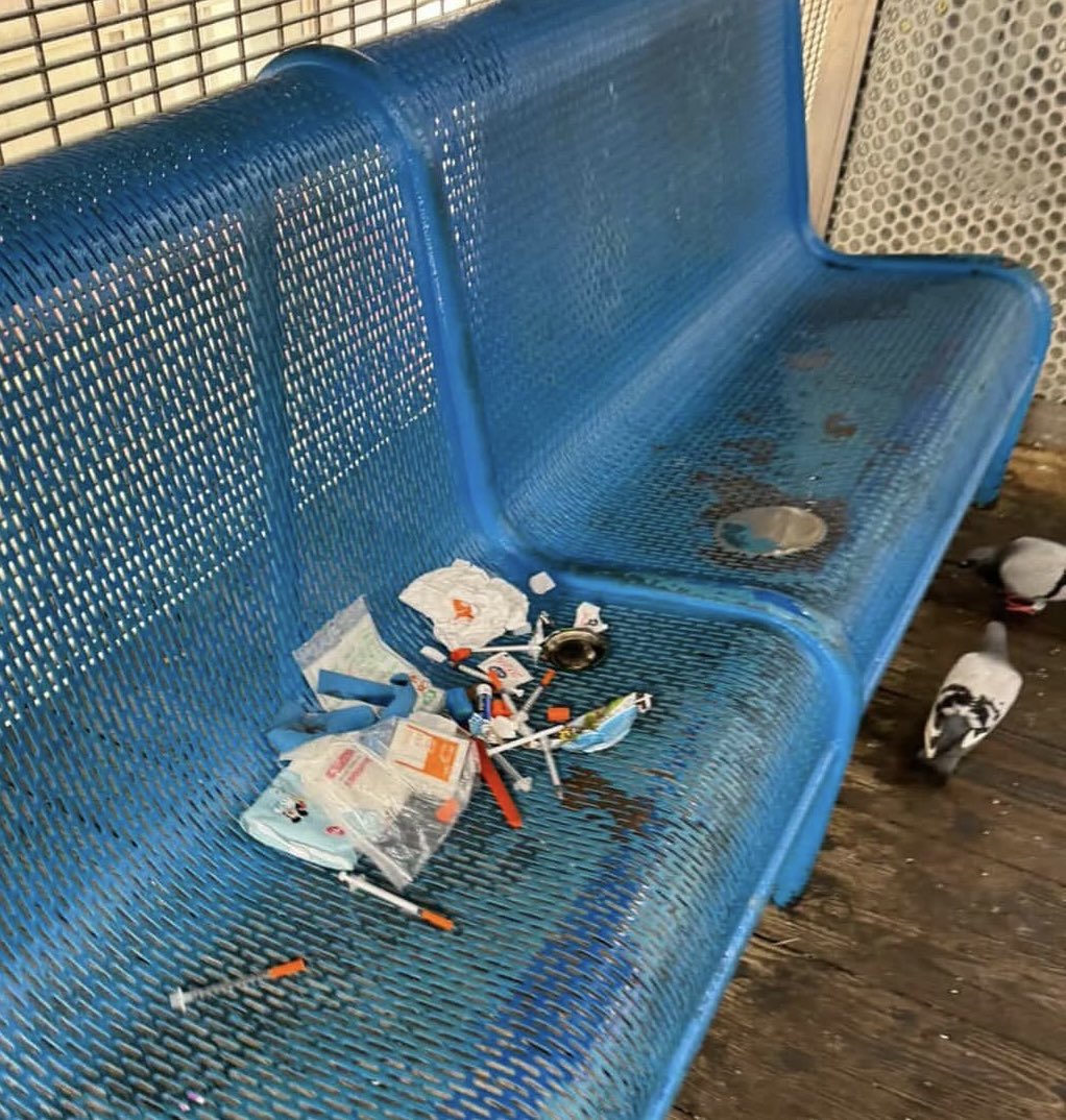 Apparently, this bench is at one of the CTA stations. I counted at least 8 syringes. They probably have some sort of program for diabetics.