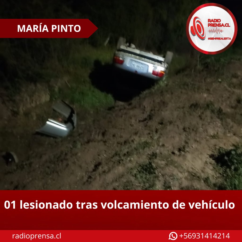 🔴#SiempreAlerta - Esta madrugada se registró un volcamiento de vehículo en la Ruta G-76, a la altura del Bajo de la Viuda, sector Baracaldo. Se reportó 01 persona lesionada. Bomberos, ambulancia, Carabineros y Seguridad Pública acudieron a la emergencia.