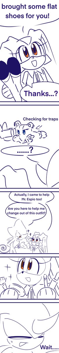 Translated into English by a translator.
No particular meaning, just enjoy seeing people in maid outfits.
Two people interact in a non romantic way.
Because I wanted to see Espio and Cream interact, I drew this.
#espiothechameleon 
#sticksthebadger 
#CreamTheRabbit