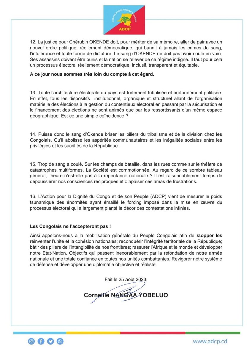TimKamanga's tweet image. Deux ans après l’assassinat crapuleux de l’Honorable Chérubin Okende, le Coordonnateur Corneille Nangaa réitère son message poignant daté du 25 août 2023 par un appel à la Justice, à la Démocratie et la dignité pour la RDC.
Il a transformé cet hommage en un manifeste pour la…
