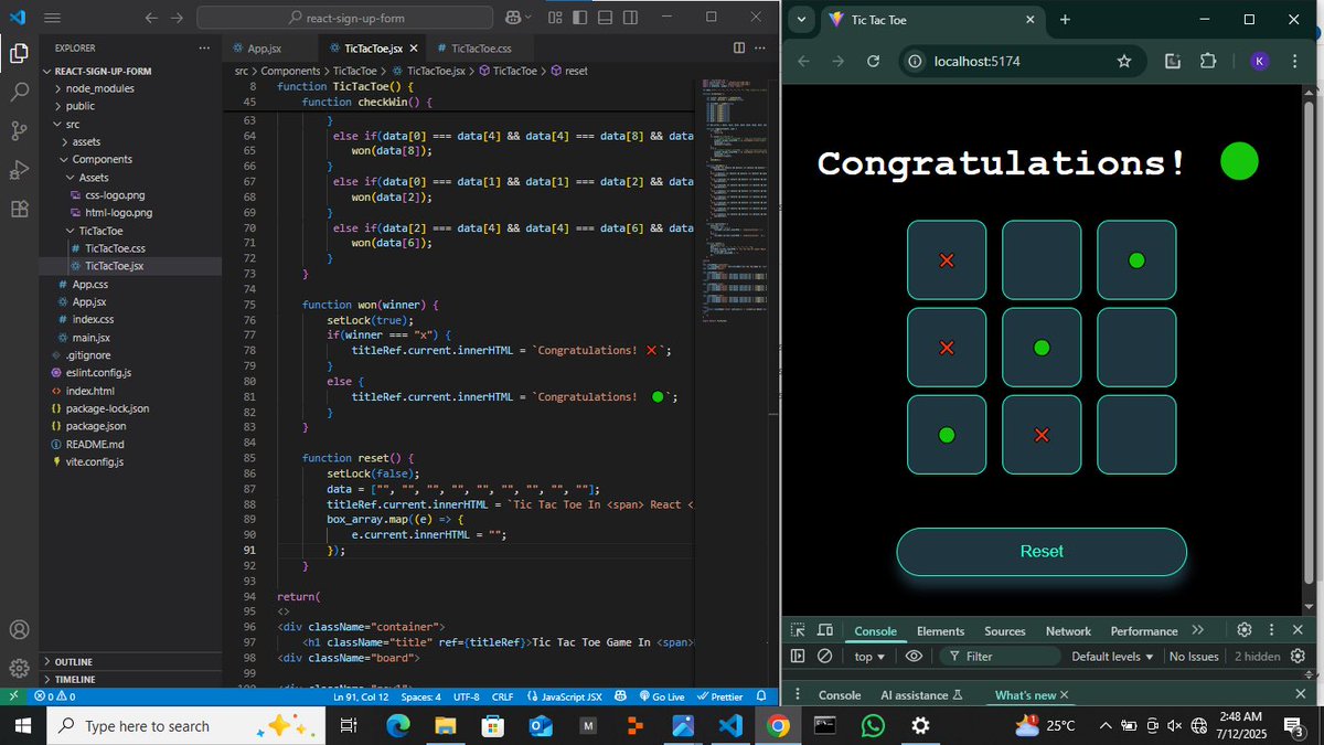 Been improving on my React.js skills, so 
I built a Tic-Tac-Toe game by following along with a tutorial video. I know it won’t drastically improve my skills, but the goal was simply to pick up a few concepts, learn what I could, and then move on.