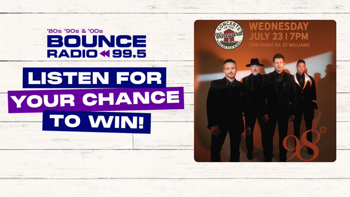 Join us for a nostalgic night of boy band fun on Wednesday, July 23rd with 98 Degrees at Burning Kiln Winery! 🎶 

Listen to BOUNCE Mornings with Angie &amp; Sarge every day this week for your chance to win VIP tickets! 🙌 🎟️