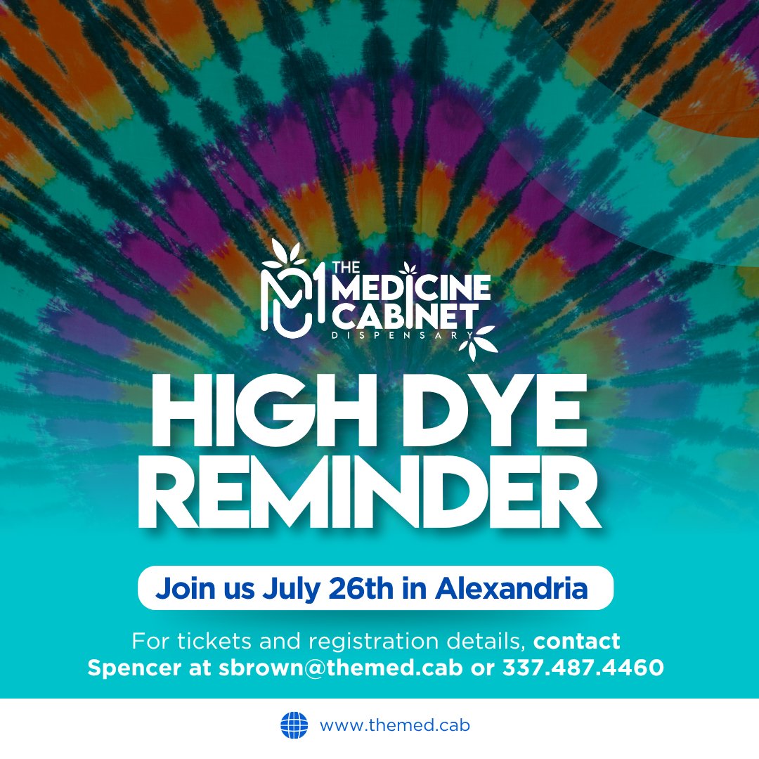 MedicineCabLA's tweet image. Don’t forget! Join us July 26th in Alexandria for a fun tye-dying experience. Reach out to Spencer at sbrown@themed.cab for ticket info. themed.cab #ColorfulFun #HighDyeEvent