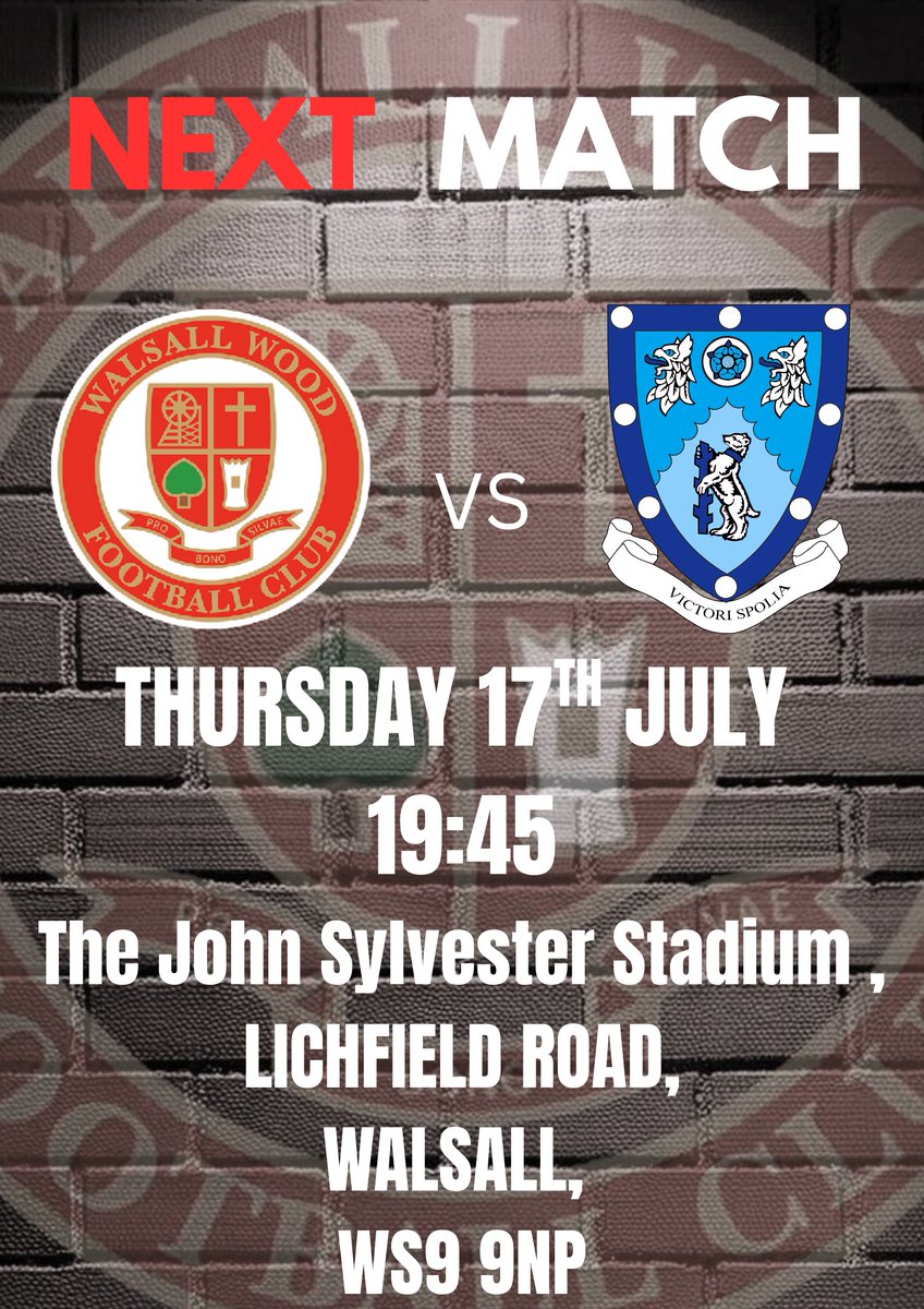 🔴⚪️ NEXT MATCH ⚪️🔴

Midweek action at home to Rugby Town, 
Come and support The Wood!

📆 Thursday 17th July
🆚 <a href="/RugbyTown_FC/">Rugby Town FC</a> 
🏟️ John Sylvester Stadium, Walsall Wood, WS9 9NP
🕛 19:45
🎟️ Adults £5, Concession £3, U16 free with paying Adult. 
🍔 The Teapot Cafe 

#FTGOTW