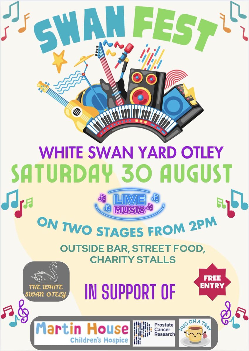 OtleyPubClub (@otleypubclub) on Twitter photo 🚨Swan Fest mini music festival at the #WhiteSwan #Otley on Saturday 30th August in White Swan Yard 🎵🎶
#LiveMusic on two stages from 2pm to 10pm, outside bar, street food, charity stalls. Raising money for <a href="/MartinHouseCH/">Martin House Children's Hospice</a> <a href="/PCR_News/">ProstateCancerResearch</a> #HugOnATray
#famouspubtown #famousmusictown 🚨Swan Fest mini music festival at the #WhiteSwan #Otley on Saturday 30th August in White Swan Yard 🎵🎶
#LiveMusic on two stages from 2pm to 10pm, outside bar, street food, charity stalls. Raising money for <a href="/MartinHouseCH/">Martin House Children's Hospice</a> <a href="/PCR_News/">ProstateCancerResearch</a> #HugOnATray
#famouspubtown #famousmusictown