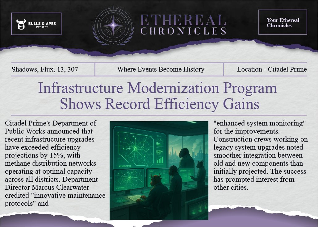 Innovation at work: Citadel Prime's infrastructure upgrades exceed efficiency targets by 15%! 

Seamless integration of legacy systems with cutting-edge technology proves that progress and tradition can work together.