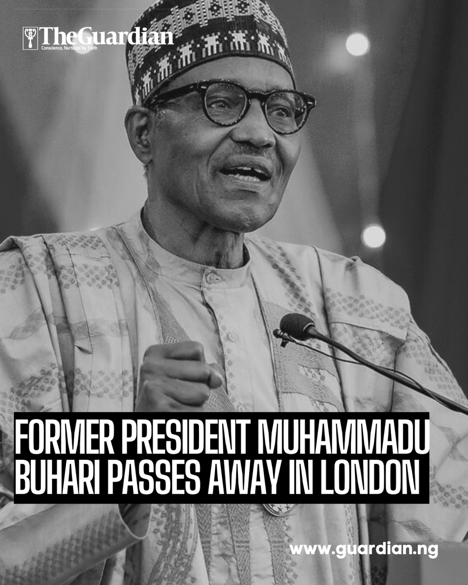 GuardianNigeria's tweet image. The family of former President Muhammadu Buhari has announced his passing this afternoon at a clinic in London. The former president, who served as Nigeria’s leader in two different eras, died peacefully surrounded by close family.

A brief statement shared by the family read,…