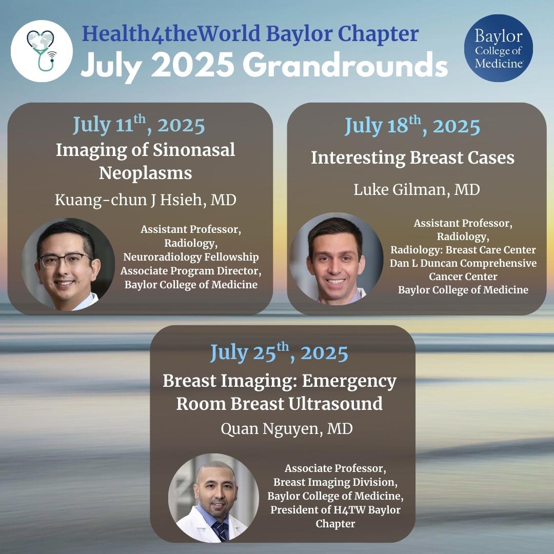 Health4TheWorld (@charityh4tw) on Twitter photo Happening this July- #H4TW #Baylor Chapter Grand Rounds featuring:
Kuang-chun J. Hsieh, MD
Luke Gilman, MD
Quan Nguyen, MD <a href="/qnguyen55/">Quan Nguyen MD, M.B.A.</a>
Expert #radiologists from Baylor College of Medicine <a href="/bcmhouston/">BCMHouston</a> sharing insights in #sinonasal and
#BreastImaging
Live on Zoom
#radiology Happening this July- #H4TW #Baylor Chapter Grand Rounds featuring:
Kuang-chun J. Hsieh, MD
Luke Gilman, MD
Quan Nguyen, MD <a href="/qnguyen55/">Quan Nguyen MD, M.B.A.</a>
Expert #radiologists from Baylor College of Medicine <a href="/bcmhouston/">BCMHouston</a> sharing insights in #sinonasal and
#BreastImaging
Live on Zoom
#radiology