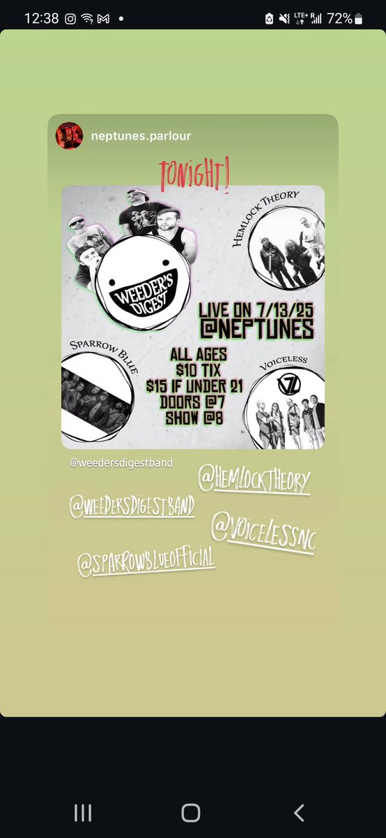 SparrowBlueBand's tweet image. Tonight's gonna be a banger folks. RALEIGH north Carolina you're about to be shell shocked from our set. Looking forward to playing alongside Weeder's Digest, Hemlock Theory, and Voiceless