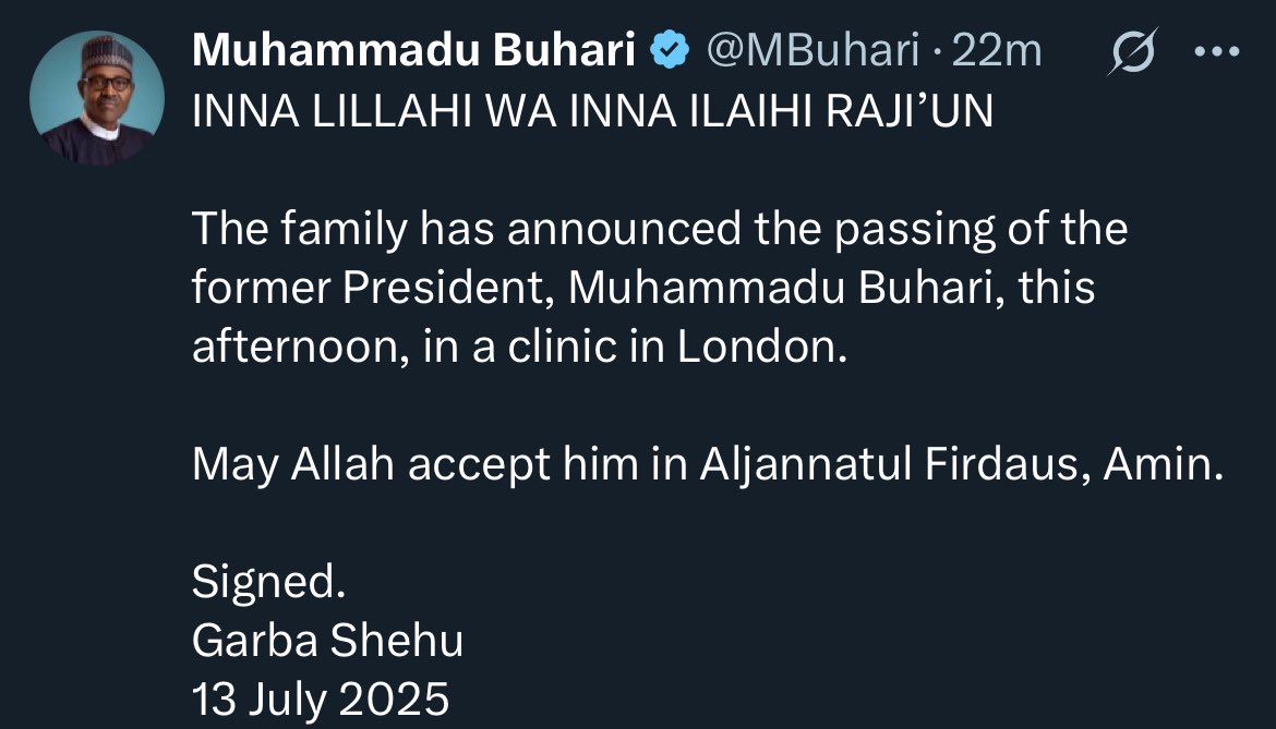 ArmchairAn4lyst's tweet image. ‼️BREAKING‼️
Former President of Nigeria Muhammadu Buhari has just passed away in a hospital in London