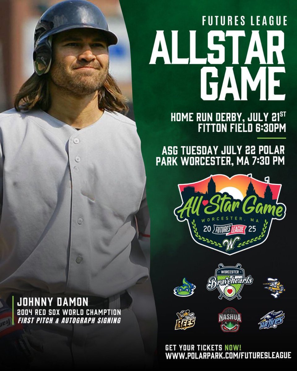 🚨 Two epic nights for just $20!
🔥 HR Derby at Fitton Field – July 21
🌟 All-Star Game at Polar Park – July 22
🎯 Featuring 2004 Red Sox champ Johnny Damon throwing the first pitch and signing autographs at the All Star Game!
🎟️ Grab your tickets now: polarpark.com/futuresleague