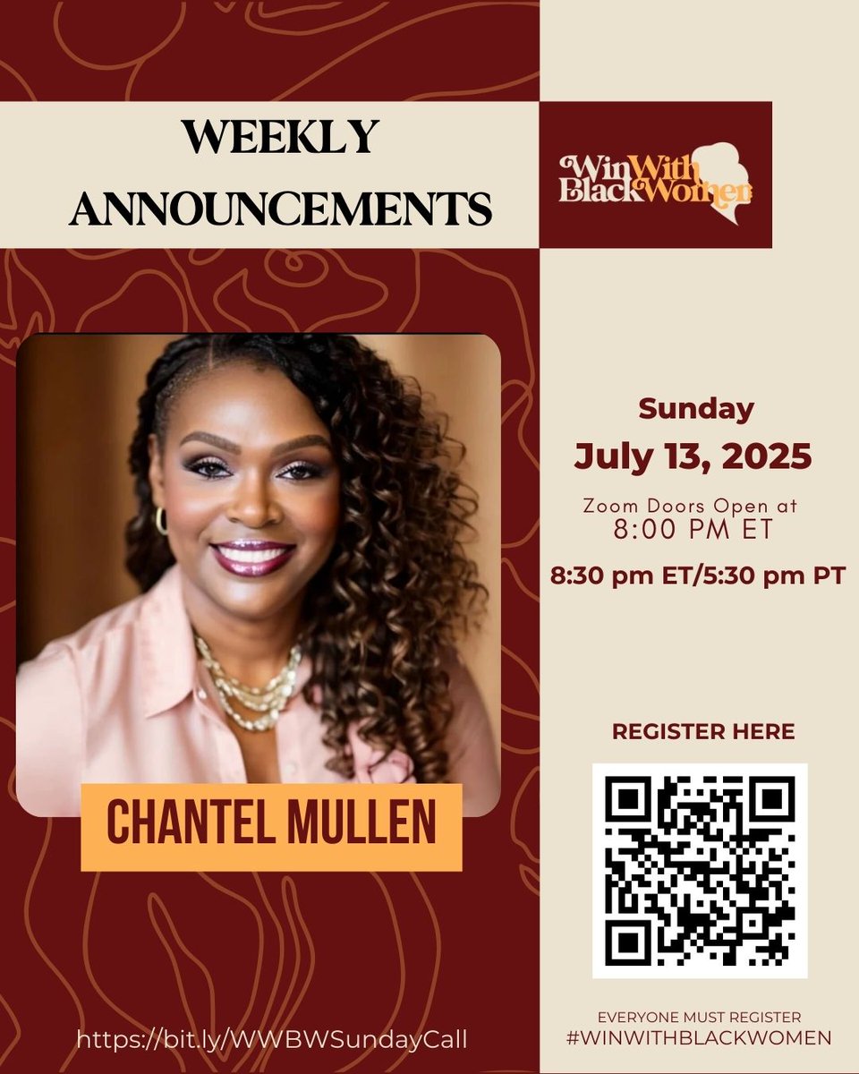 Win With Black Women (@winwithblkwomen) on Twitter photo This Sunday, join us for a warm welcome from Jotaka Eaddy, a spiritual opening with Erica D. Smith, news updates from Karen Finney, and key announcements from Chantell Mullen.
π
 July 13 | β° 8:30 PM ET
π RSVP: bit.ly/WWBWSundayCall
π Tag a sister!
#WinWithBlackWomen This Sunday, join us for a warm welcome from Jotaka Eaddy, a spiritual opening with Erica D. Smith, news updates from Karen Finney, and key announcements from Chantell Mullen.
π
 July 13 | β° 8:30 PM ET
π RSVP: bit.ly/WWBWSundayCall
π Tag a sister!
#WinWithBlackWomen