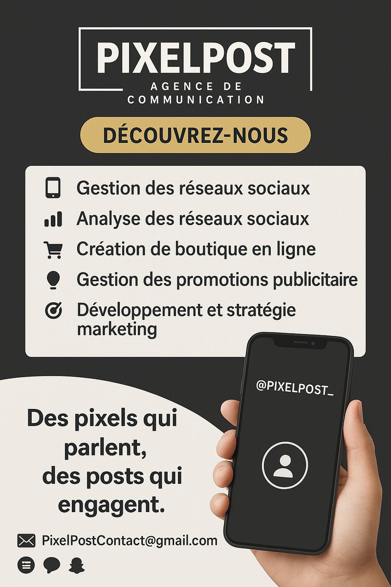 PixelPost_'s tweet photo. L’agence PixelPost est là pour vous !✍️

📱 Réseaux sociaux.
🛒 Boutique en ligne.
📣 Promotions &amp; Marketing.
🎓 Formations sur mesure.

👉 Découvrez tous nos services sur l’affiche ci-dessous !

📩 Contactez-nous : PixelPostContact@gmail.com https://t.co/8qoZ0DuZ0C