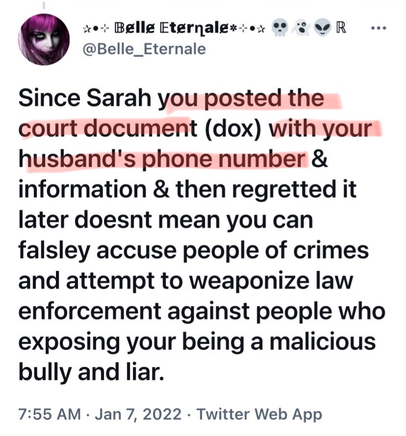 0nePassWay's tweet photo. I NEVER posted ANYTHING with ANY of mine or my family member's phone #'s. EVER. Here's "Belle"'LYING" (can't keep their LIES straight). "Belle" and their violent extremists FELONY-INTIMIDATE spam doxed me and my innocent family bc I sought legal redress. #KKKAct https://t.co/RNemb4GCRU