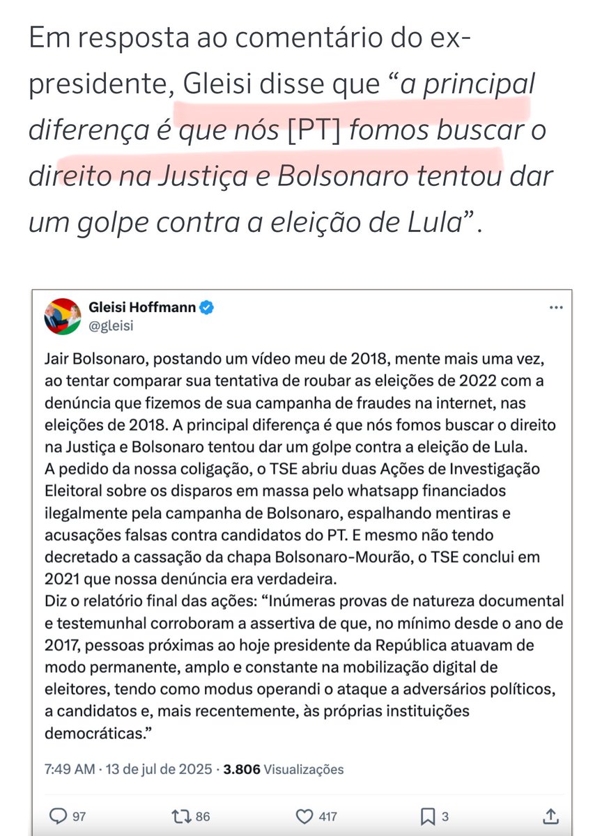 D @Gleisi contesta o vídeo postado por Jair , ontem, e ela afirmava fraude nas eleições. Aqui ela disse q procurou a justiça. Nós tb. Só q uma diferença fomos perseguidos e a acusação de fraude dela por disparo de massa, foi arquivado e eles pagaram multa por fazerem isso. Google