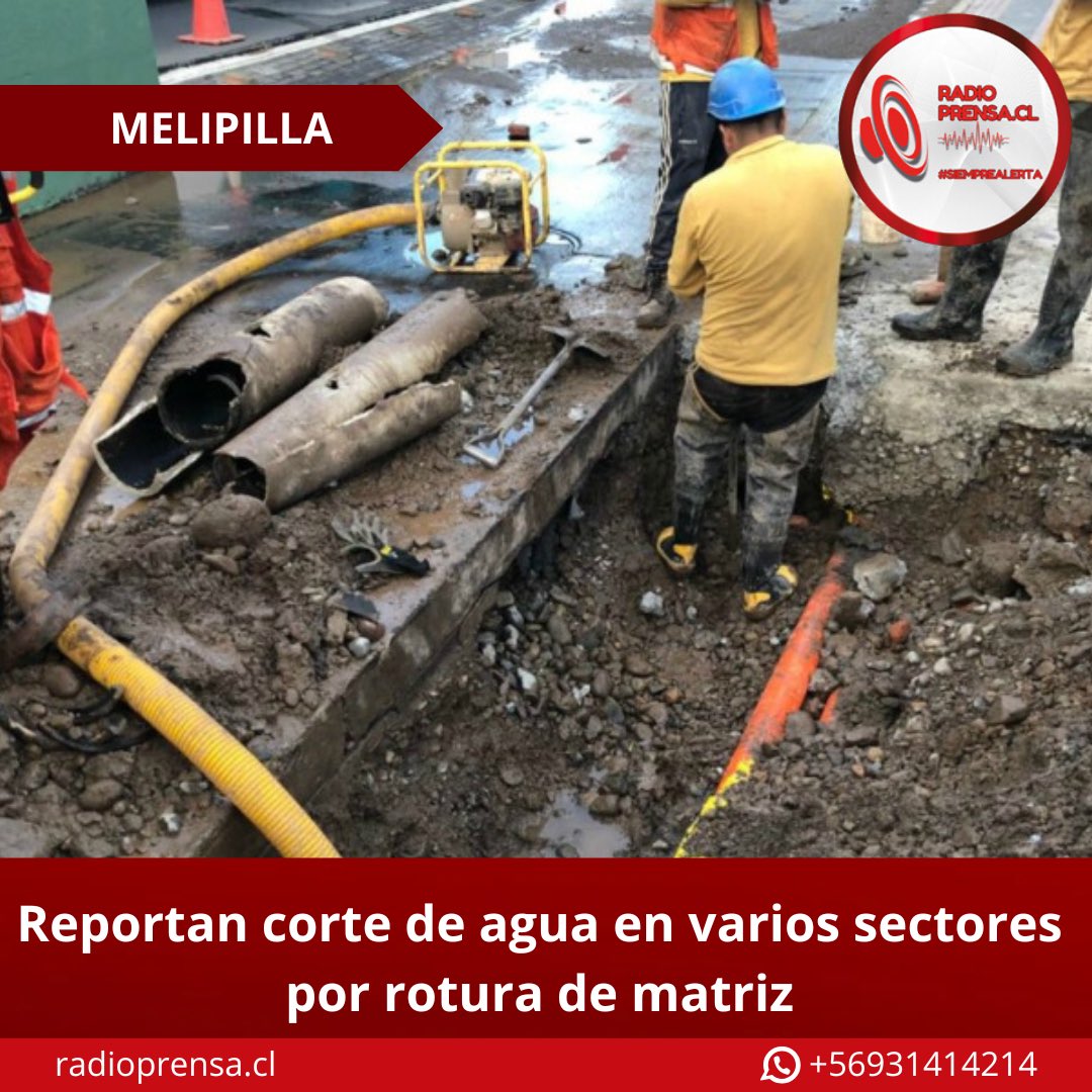 🔴#SiempreAlerta - Esta mañana se registró una rotura de matriz de agua potable en Avenida Valparaíso, por lo que se mantiene cortado el suministro en Santa Julia 1 y 2, Las Casas de Santa Julia 3, Los Jardines, El Milagro, Las Lomas de Melipilla, Avenida Valparaíso y Rumay.