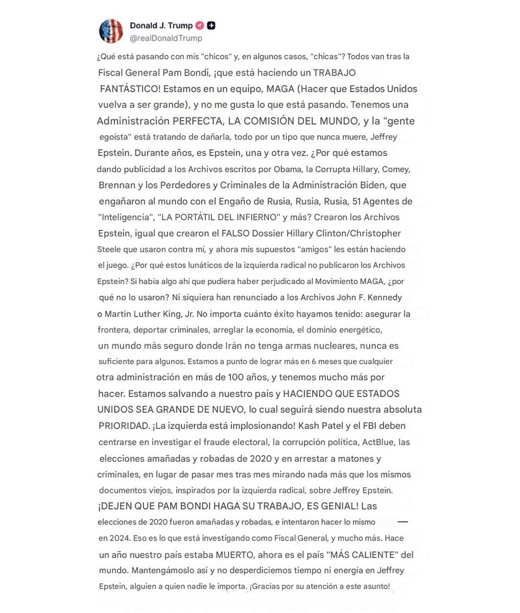 Javierito321's tweet image. Trump le pide a sus seguidores que ya dejen el tema de Jeffrey Epstein atrás, y en las respuestas nadie está de acuerdo, están decepcionados con este tema…
Trump no debió prometer revelar los archivos de Epstein para después salir con esto.