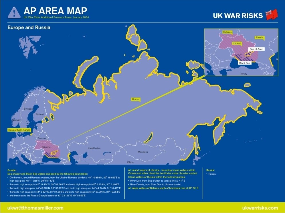 Areas around the world where Additional Protection (War Risk) is recommended. 

1️⃣Black Sea &amp; Sea of Azov
2️⃣Gulf of Guinea 
3️⃣Persian Gulf &amp; Gulf of Oman
4️⃣ Southern Red Sea, Bab el-Mandeb &amp; Gulf of Aden
5️⃣Coast and inland waters of many countries, including Libya, Ukraine &amp;