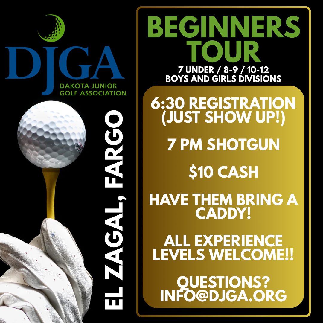 When: Monday, July 14th
Where: El Zagal Golf Course
Registration is at 6:30pm
Shotgun start at 7pm
What to bring: $10 cash to play, Golf Clubs, a caddy, and a great attitude! ⛳️

#DJGA #BeginnersTour