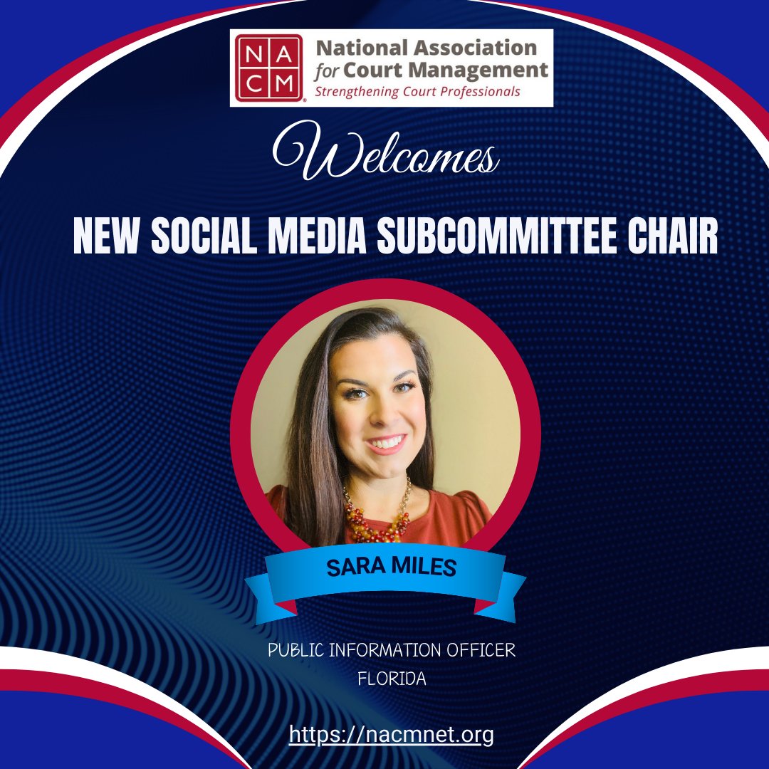 NACM would like to welcome Sara Miles as our New Social Media Subcommittee Chair! 

The subcommittee meets every third Thursday of each month at 4pm.  We encourage you to attend a meeting &amp; see what we are all about!

Congrats Sara!

To learn more, visit: nacmnet.org/social-media-s…