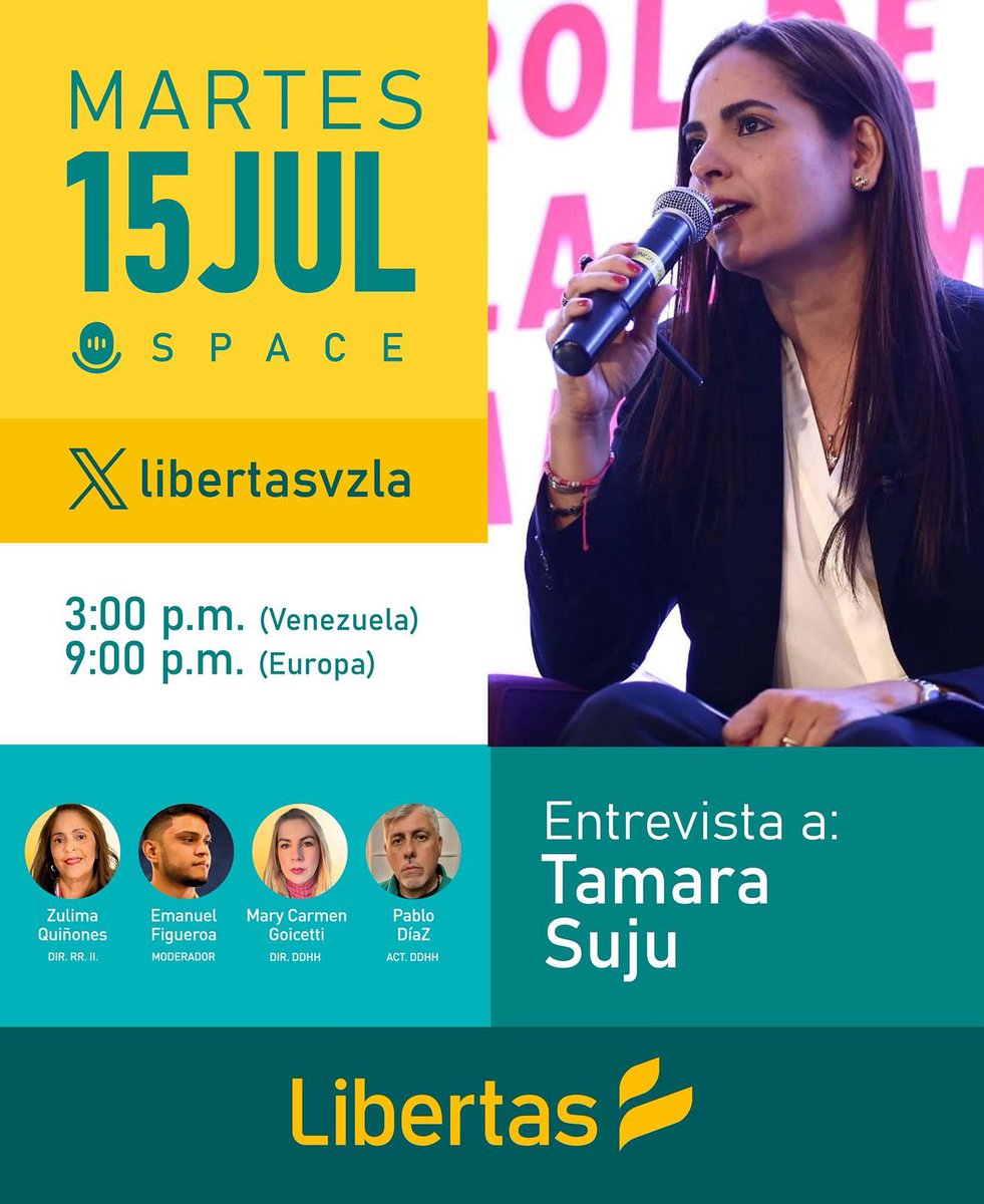 Libertasvzla's tweet image. 📢 Este martes 15 de julio en #XSpace por @libertasvzla
Conversamos con Tamara Suju (@TAMARA_SUJU), defensora de DDHH y denunciante de crímenes de lesa humanidad en Venezuela.

🕒 3:00 PM 🇻🇪 | 10:00 PM 🇪🇺
¡Conéctate y participa!