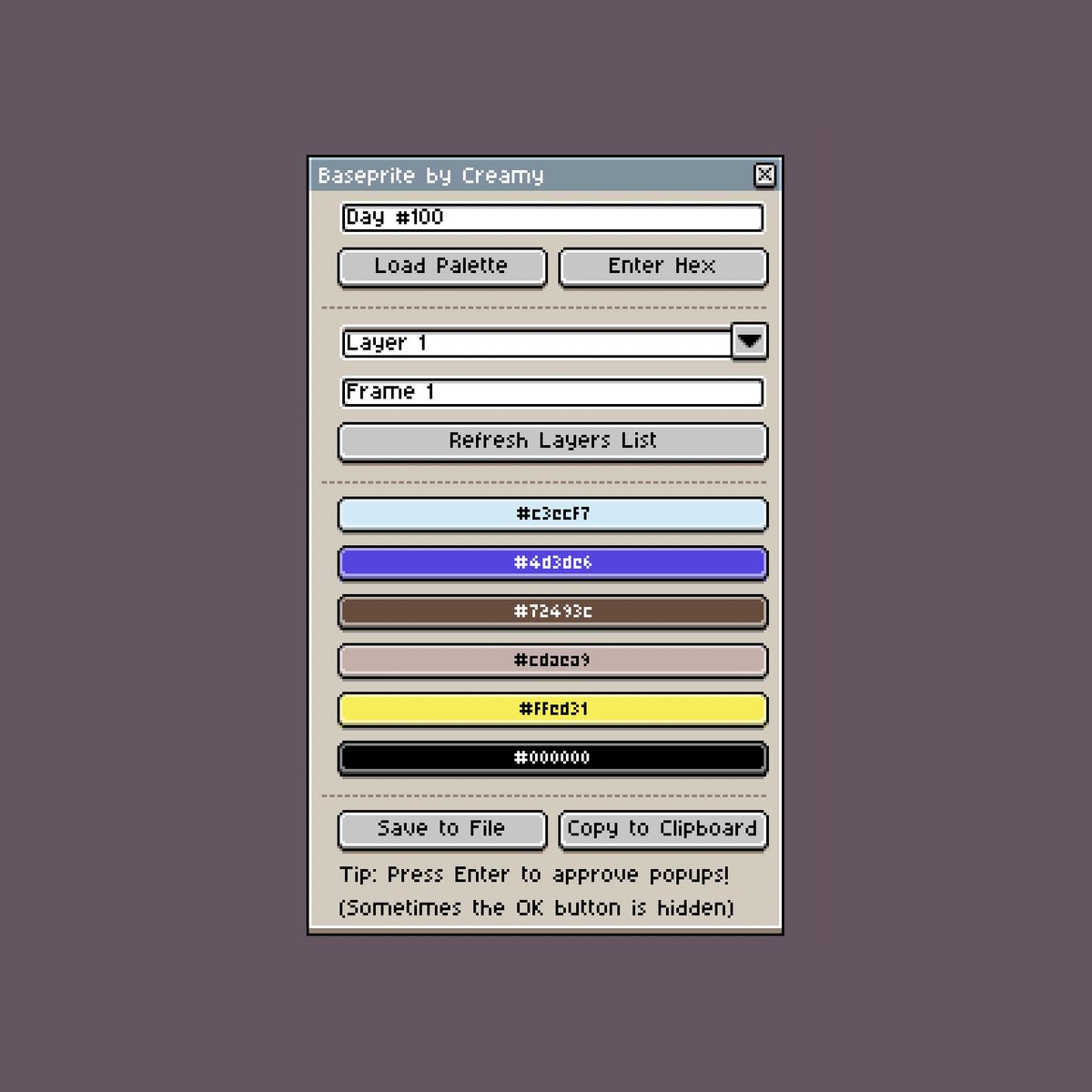 Baseprite v2 is HERE! 💙🖌️
 
This update features instant palette loading:
Input a ‘Day #’ ➡️ Load Palette ➡️ Done ✅
 
✨ Plus: animators rejoice — I’ve added Frames!

Link 👇
tinypixelpepe.com/baseprite/