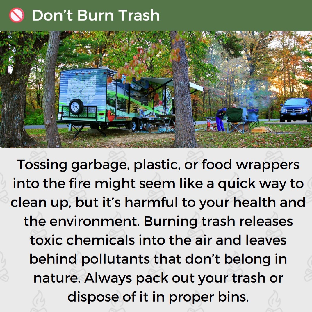 OHStateParks's tweet image. Campfire vibes? Yes.
Forest damage and wildfire risk? Hard no.
This summer, practice Campfire Consciousness 🔥🌲
Use local firewood, skip the flames during dry spells, and always leave no trace.
@ohiodnr @OHHeartofitAll