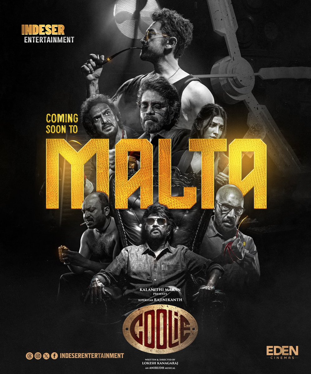 *Coolie* 🔥
.
.
Coming soon to Malta

worldwide from August 14th 
A big bang in Indian cinema This film will change the game🔥

We are thrilled to present rajinikanth 's  Coolie in Malta

Thanks to <a href="/Hamsinient/">Hamsini Entertainment</a>