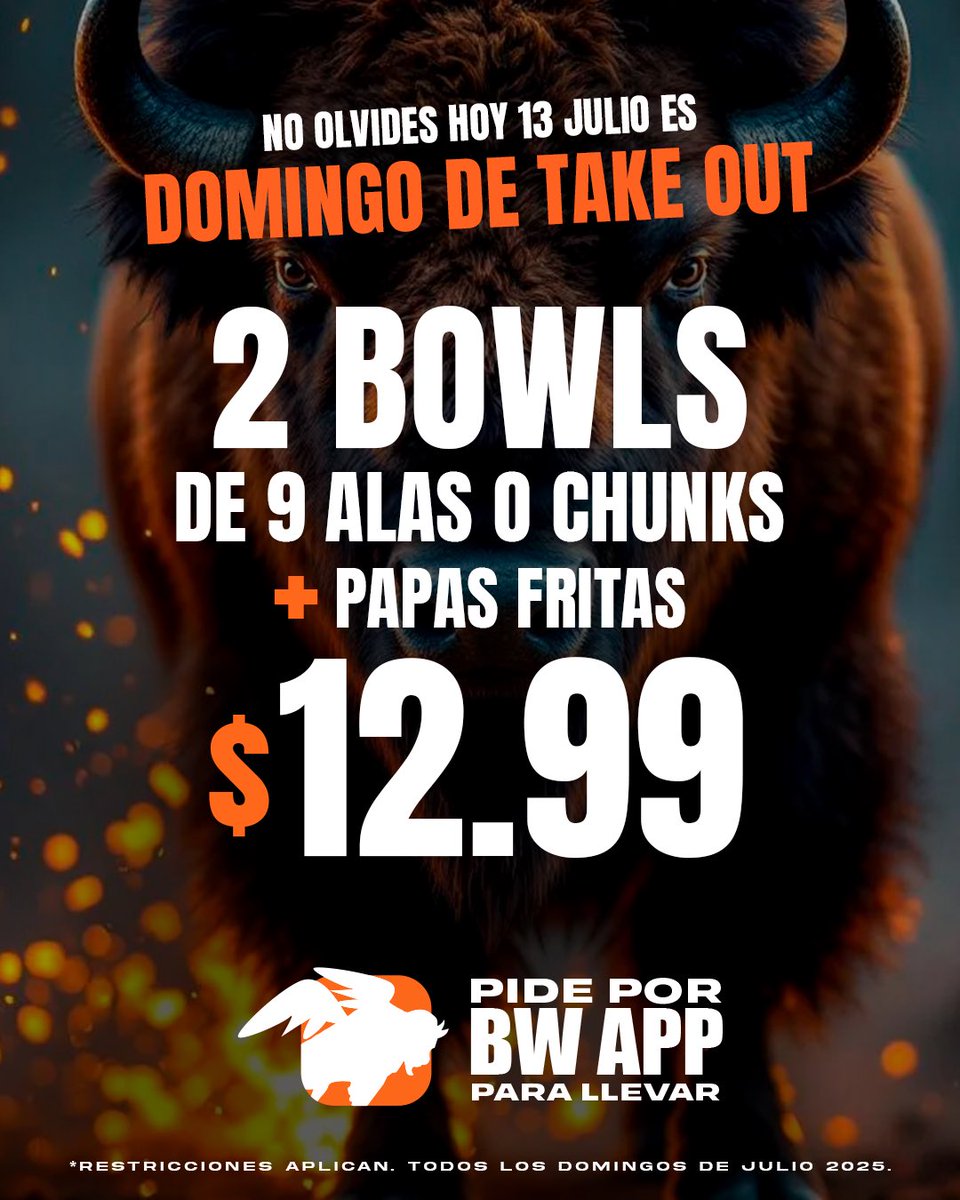 Los Domingos son de TAKE OUT: Dos bowls de 9 alas ó chunks + papas fritas $12.99 al pedir únicamente a través de nuestra APP 📲 Aplica desde las 11:30am.

*Válido Domingo 13 de julio 2025.