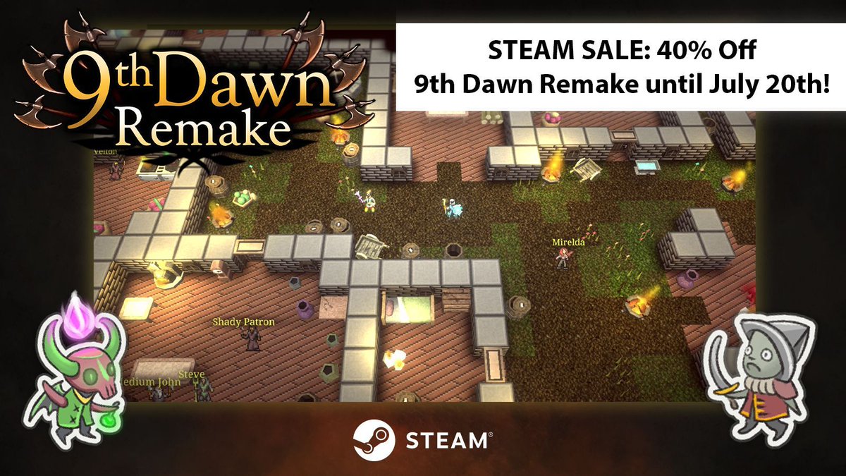 ATTENTION ALL STEAM PLAYERS - 9th Dawn Remake is currently on sale until the 20th of July. Enjoy 40% off one of our most popular titles, and become the greatest champion the Kingdom of Montelorne has ever seen! 

store.steampowered.com/app/1550180/9t…