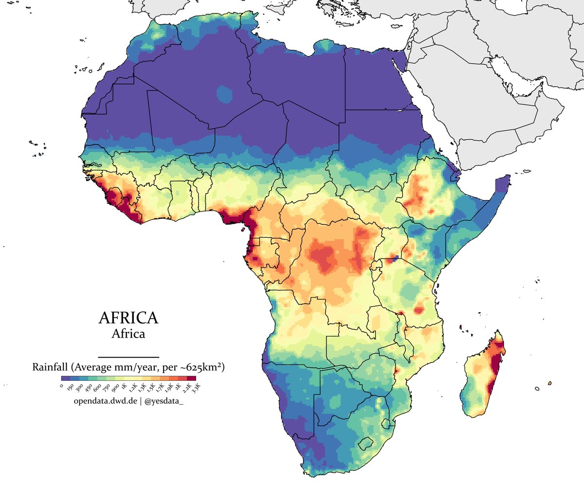☔️ Series: Rainfall (No. 5) - Africa

Africa's precipitation varies widely, with tropical regions like Central Africa receiving heavy rainfall, while vast deserts like the Sahara experience minimal precipitation.

🔧 Tools: Python (Rasterio, Rioxarray, Geopandas)