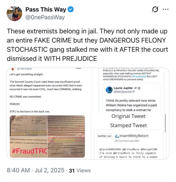 0nePassWay's tweet photo. #BelleAlexis FELONY deranged gang cyber-stalking me with the Ohio FELONY #FraudTRO 1-2 YEARS after the court dismissed it WITH PREJUDICE. It was MY NAME on that knowing #FraudTRO those violent extremists filed https://t.co/jKAjojgFvt