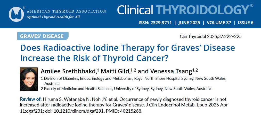 clinicalthyroid's tweet image. Read now: does #radioactiveIodine for #GravesDisease increase the risk of #thyroidcancer? See the results from this new study in #JCEM reviewed by Dr. Tsang @VenessaTsang in the June issue.
ow.ly/UxqB50WoNkG
#medtwitter #endotwitter #thyroid #RAI @EndoSocJournals