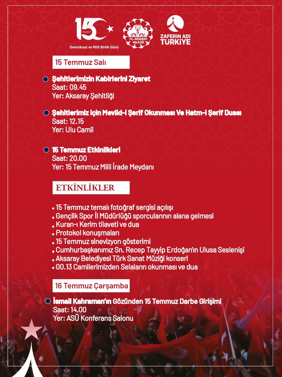 15 Temmuz Demokrasi ve Millî Birlik Günü Programlarına tüm vatandaşlarımız #davetlidir.

🇹🇷 #ZaferinAdıTürkiye