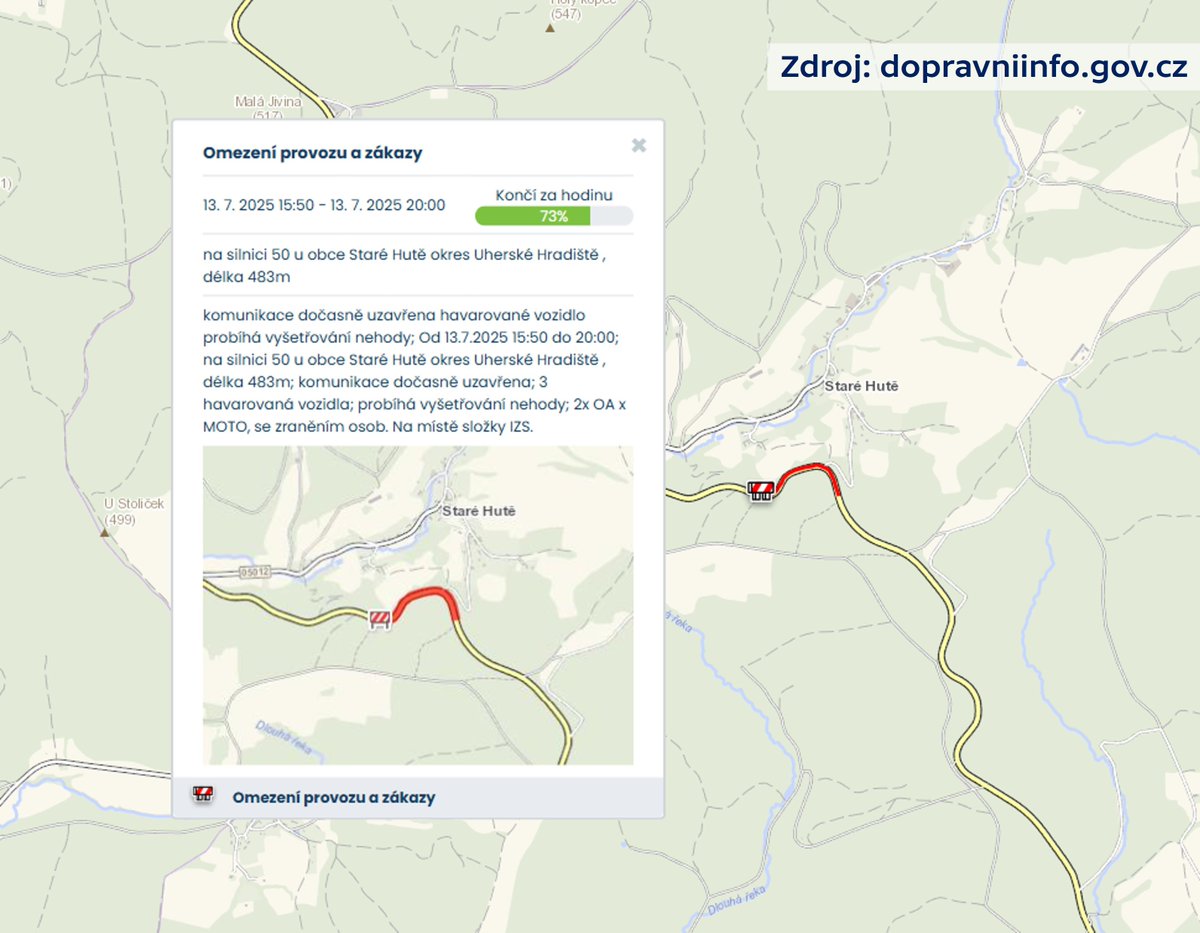 Čtyřiašedesátiletý motorkář zemřel při nehodě v Buchlovských kopcích poblíž Starých Hutí na Uherskohradišťsku. Krátce před 16. hodinou vjel do protisměru. Silnice je stále uzavřená, o otevření bude <a href="/PolicieCZ/">Policie ČR</a> informovat na síti X.