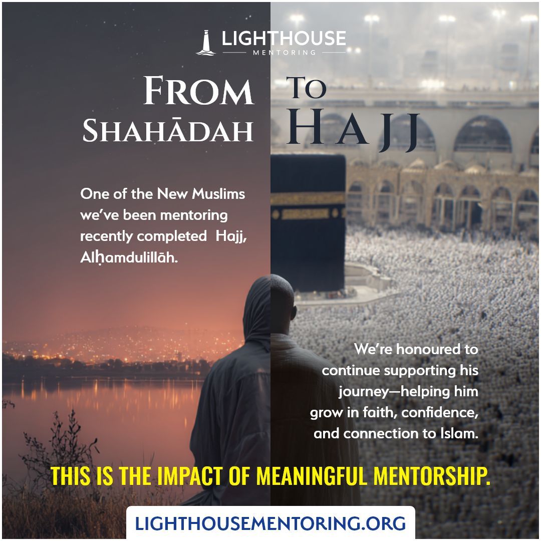 ☝️ From Shahādah to Hajj 🕋

One of the New Muslims mentored by Lighthouse Mentoring recently completed Hajj, alḥamdulillāh.
We’re honoured to support his journey—helping him grow in faith, confidence, and his relationship with Islam.

🌟 This is the impact of meaningful