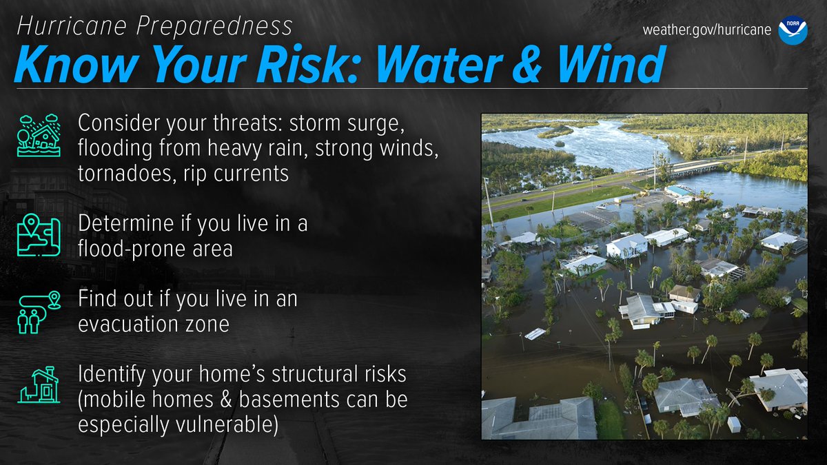 Another day, another hurricane preparedness tip - find out what types of wind and water hazards could happen where you live. And remember that hurricanes ARE NOT just a coastal problem -  impacts from wind and water can be felt hundreds of miles inland: noaa.gov/know-your-risk…