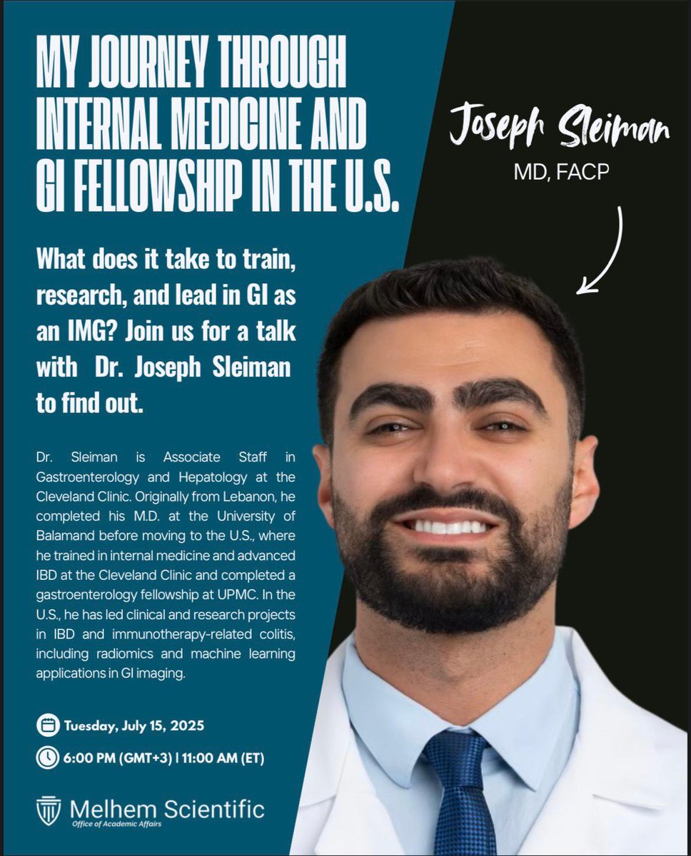 JosephHabibi_MD's tweet image. Happy to bring back my USA education & GI experience in a full circle
📣 Virtual Talk w/ Real-world advice:
-Residency & fellowship matching
-Research & leadership as an IMG
-Career-building in IM & GI
🎯My journey from medical school in Lebanon to training & securing a…