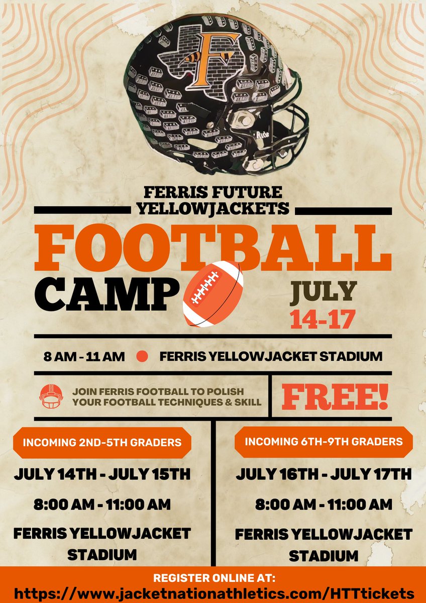 This week we have our Final summer Camps!! Free Camps!! You can register on site see you tomorrow!! <a href="/FerrisISD/">Ferris ISD</a> <a href="/JacketNationFHS/">Ferris Yellowjackets Athletics</a> <a href="/ferrisallsports/">Ferris All Sports Club</a>