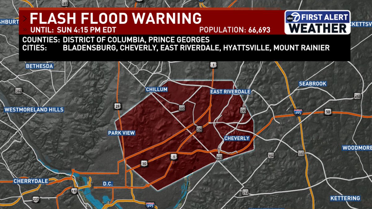 jordanevanswx's tweet image. Flash Flood Warning in effect until 4:15 p.m. for Northeast DC and northwest Prince George's County. Heavy rainfall may cause flash flooding in low-lying areas. Avoid flooded roads. @7NewsDC