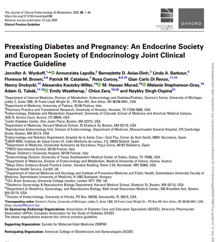 giorg_kyriakos's tweet image. 📢 New joint guideline from @EndoSociety &amp;amp; @ESEndocrinology on preexisting #diabetes in #pregnancy
👶 Focus on #T1D &amp;amp; #T2D
🔍 Covers preconception, glucose targets, tech use, insulin therapy, complications &amp;amp; neonatal outcomes
📄 @EndoSocJournals
🔗 doi.org/10.1210/clinem…