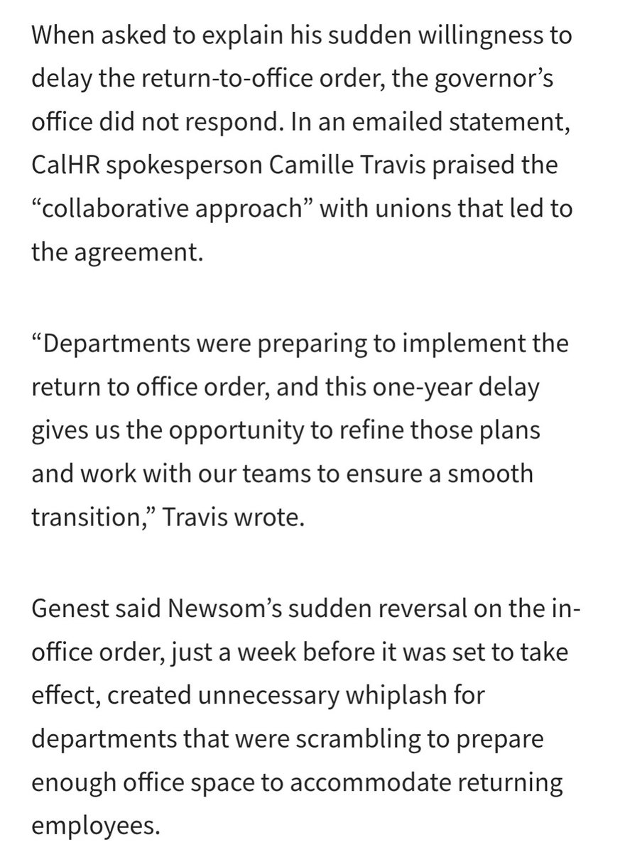 After loudly announcing a Return to Office requirement for California state employees, Newsom caved. Unions demanded, and he agreed, to a postponement of RTO by a year. Let's see if it gets postponed again in 2026.