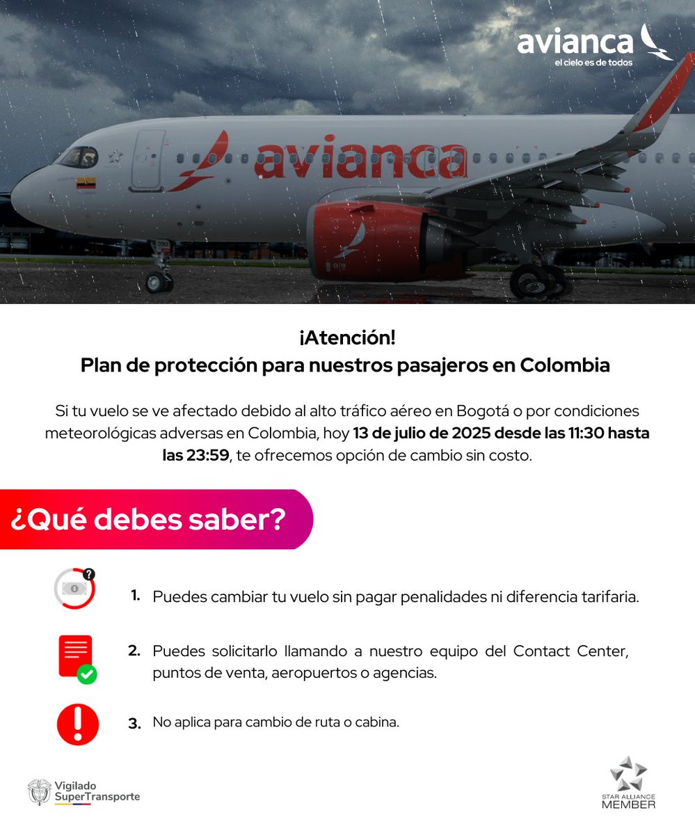 ¡Atención, pasajero! 🚨 

Si tienes un viaje dentro de #Colombia hoy 13 de julio, esta información es para ti. ¡Consulta tu vuelo en: cutt.ly/yrfinBkm!